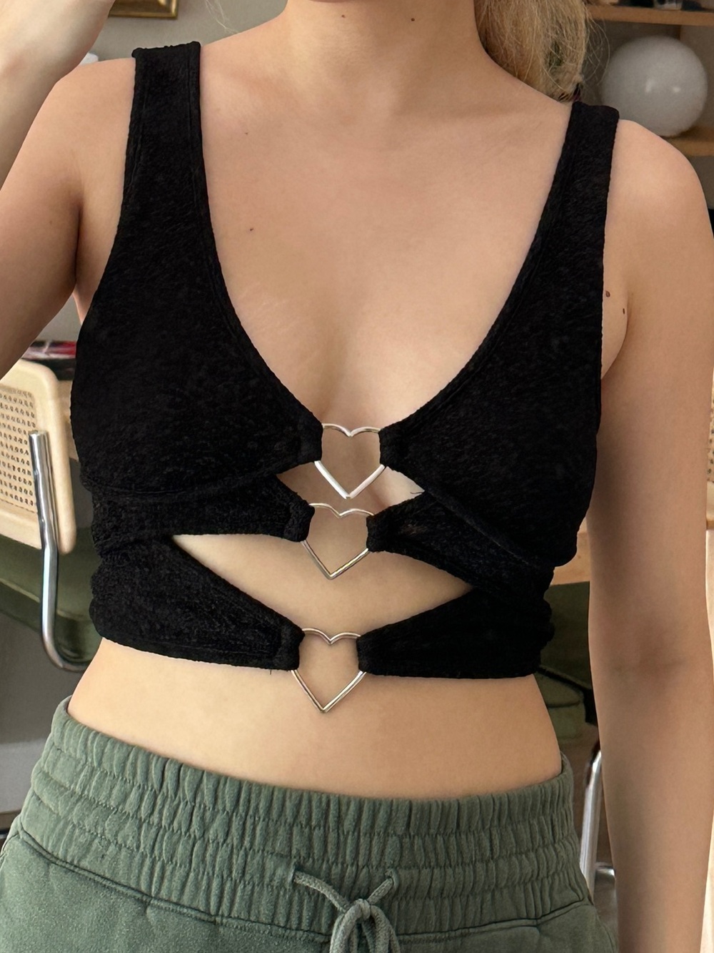 Black crop top with silver heart details